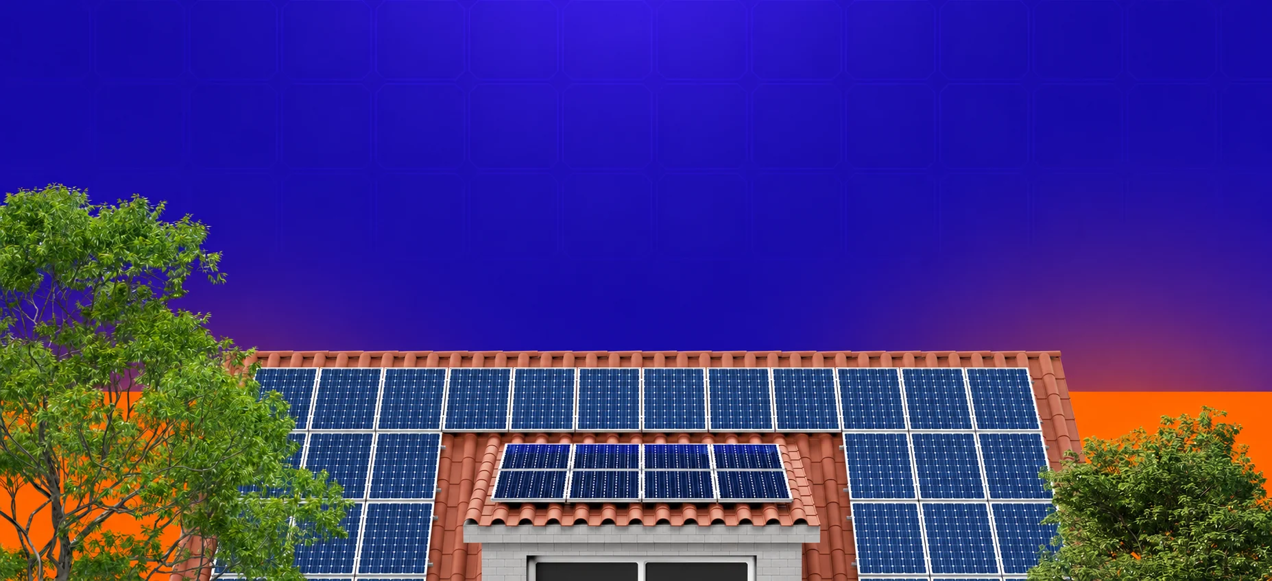 Casa original com placas solares e árvores